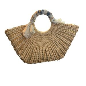 The Sak Cream Woven Basket Fan Bag Wood Handle